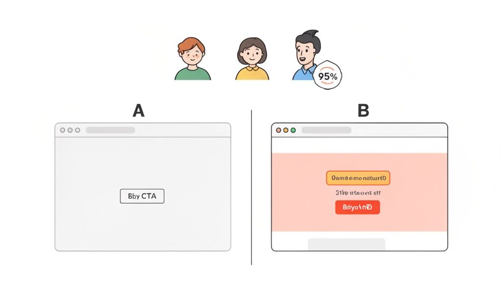 Illustration of A/B testing two website designs, one simple and one complex, with 95% user preference shown.