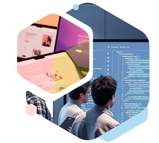 Three individuals stand in front of a large screen displaying code, while overlapping hexagon shapes show vibrant website mockups, illustrating a dynamic tech environment focused on software development and web design.