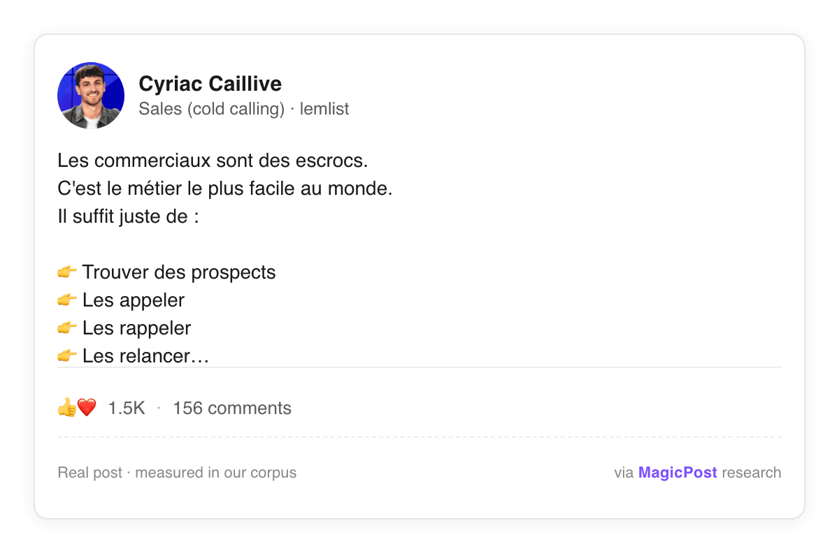 Cyriac Caillive, een salesmedewerker bij lemlist, in een Franse LinkedIn-post die satiriseert hoe makkelijk sales zogenaamd is