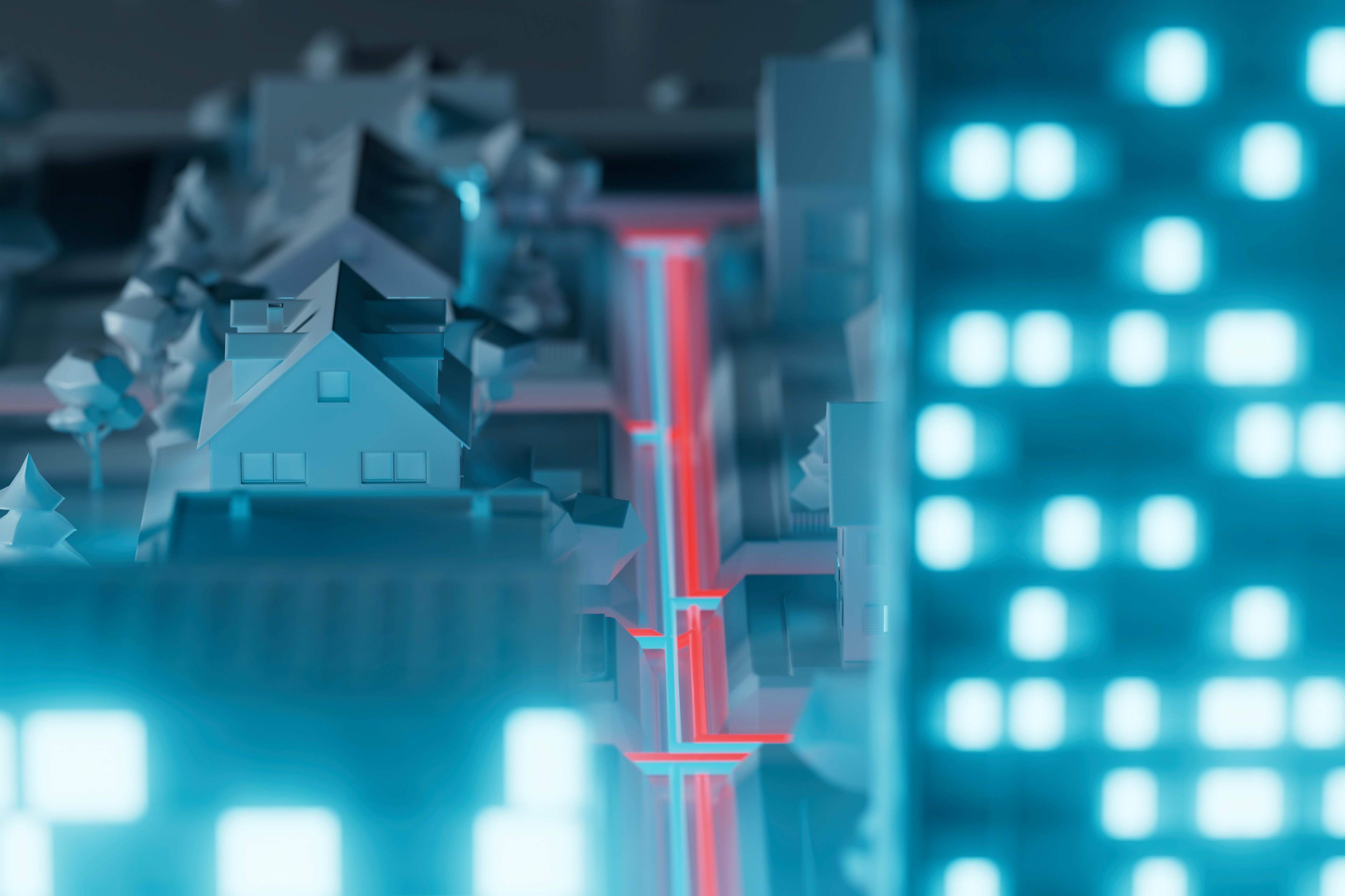 3D-Rendering der Miniaturstadt aus der Seitenansicht mit roten Leitungsstrukturen, leuchtenden Fenstern und technischen Detailkomponenten