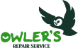 A dark green silhouette of a barn owl in flight positioned above the word "OWLER’S" in a bright green, rounded font and "REPAIR SERVICE" in black.