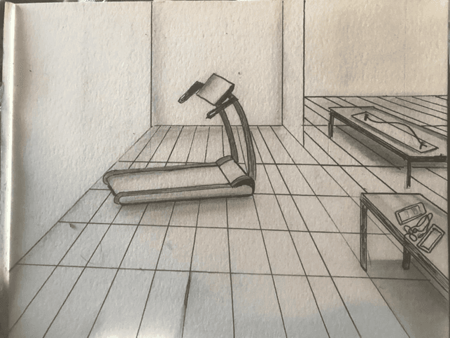 Sara Daher, Take A Stand tapis de course Ready made. Modèle de la proposition artistique interactive. Bic et crayon sur papier A4, 2024,