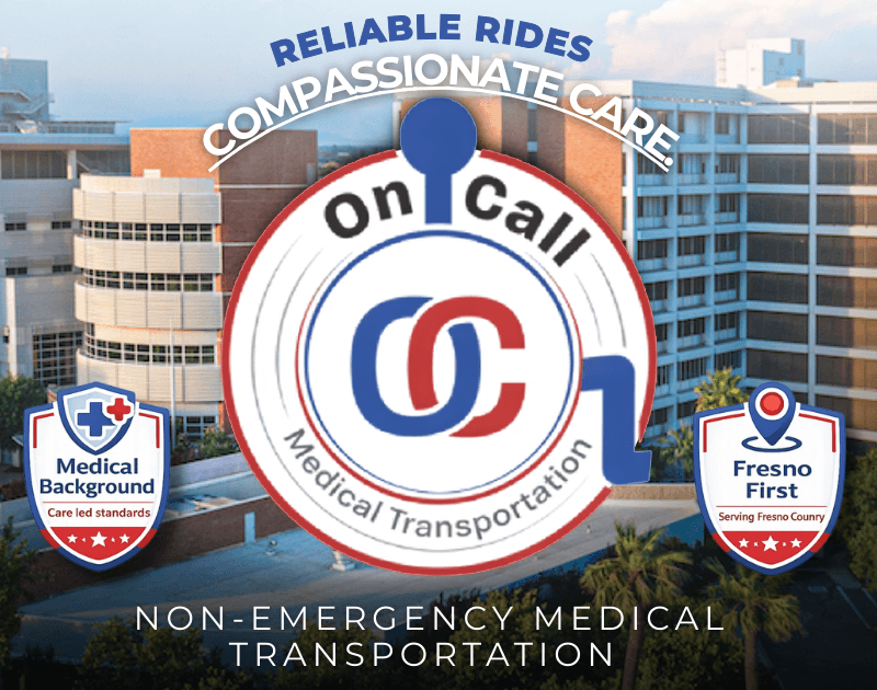 On Call Medical Transportation logo, circular red and blue emblem with OC letters, medical stethoscope motif, Fresno California non emergency medical transportation provider