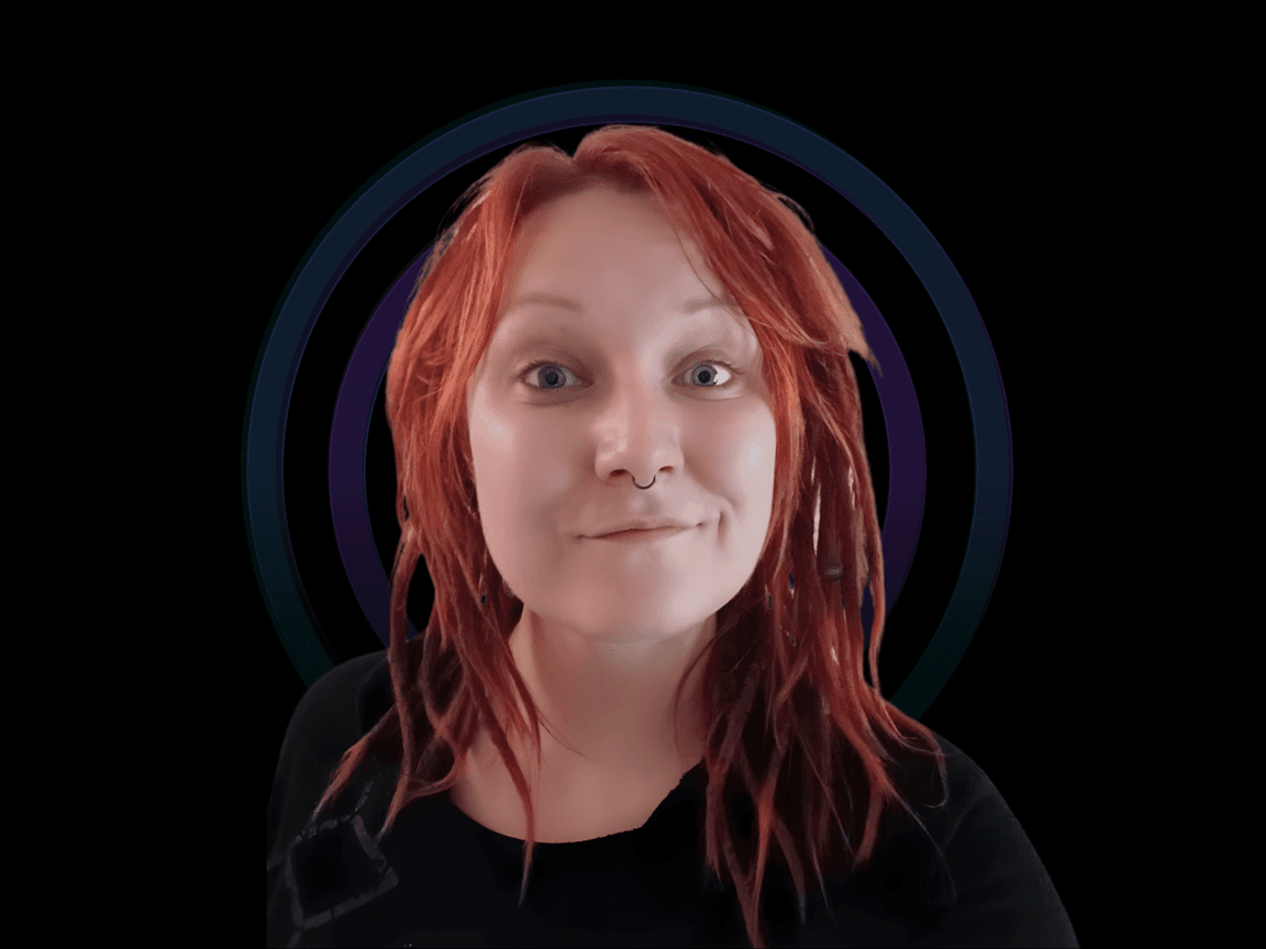 Portrait of Annika Rothe with red shoulder-length dreaded hair, smiling softly against a dark background with circular Camsol design elements.