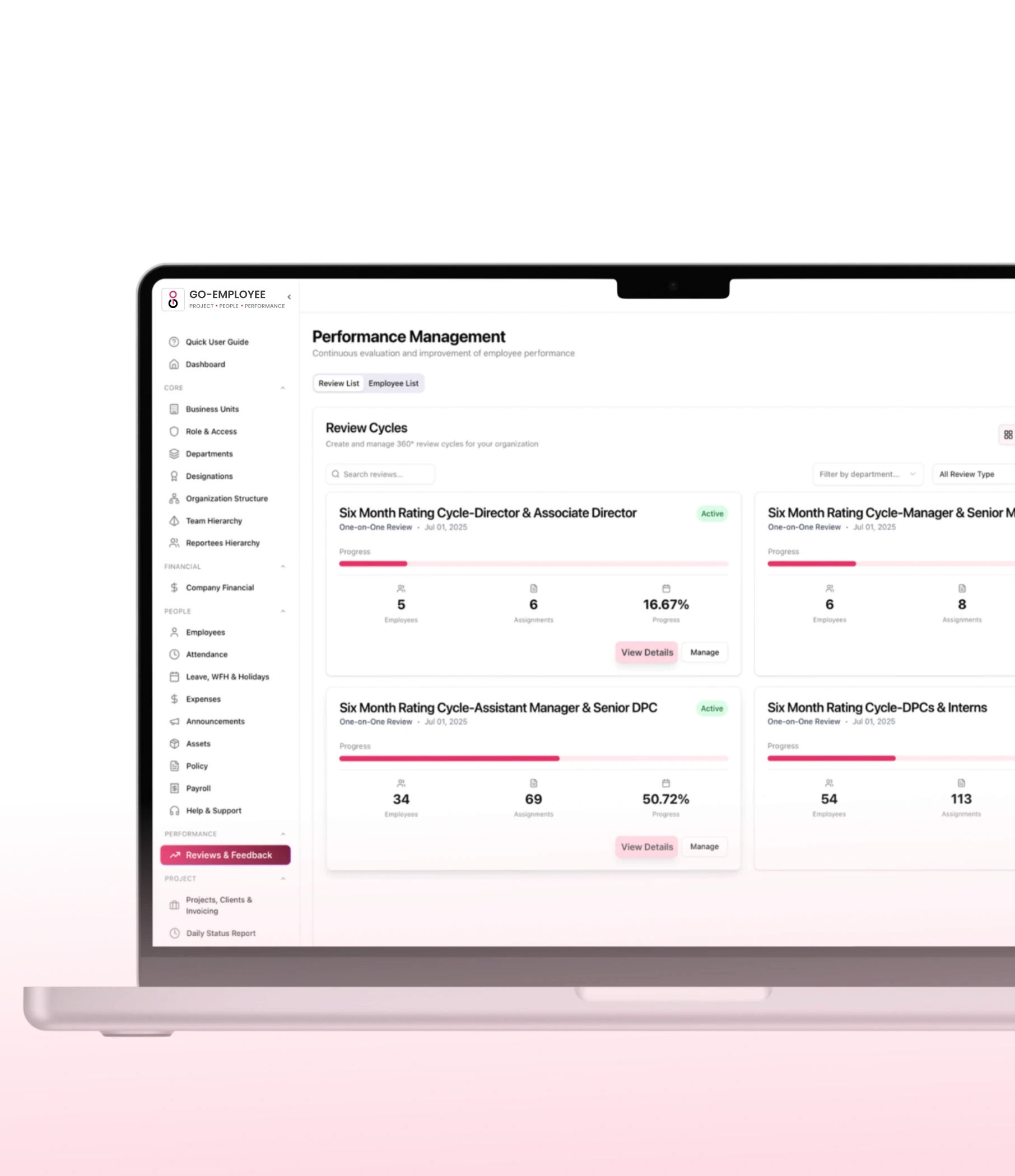 Go-Employee Performance module dashboard