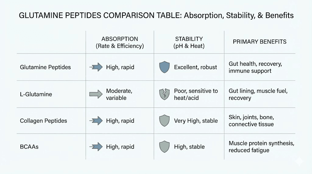 Glutamine peptides comparison with other supplements table