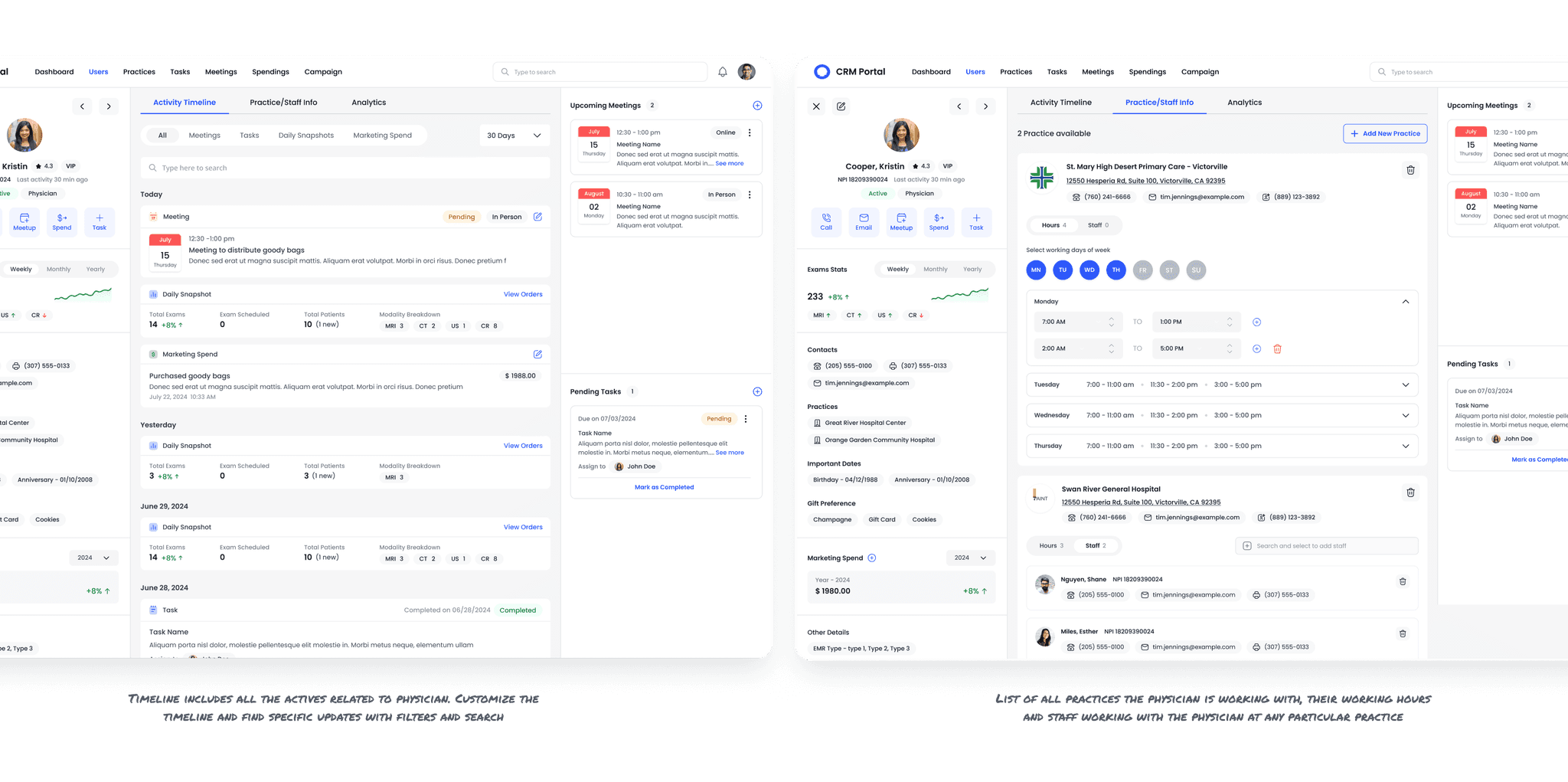 High fedility ui screen showcasing physician profile activity timeline & practice/staff info module along with annotation of design thinking.