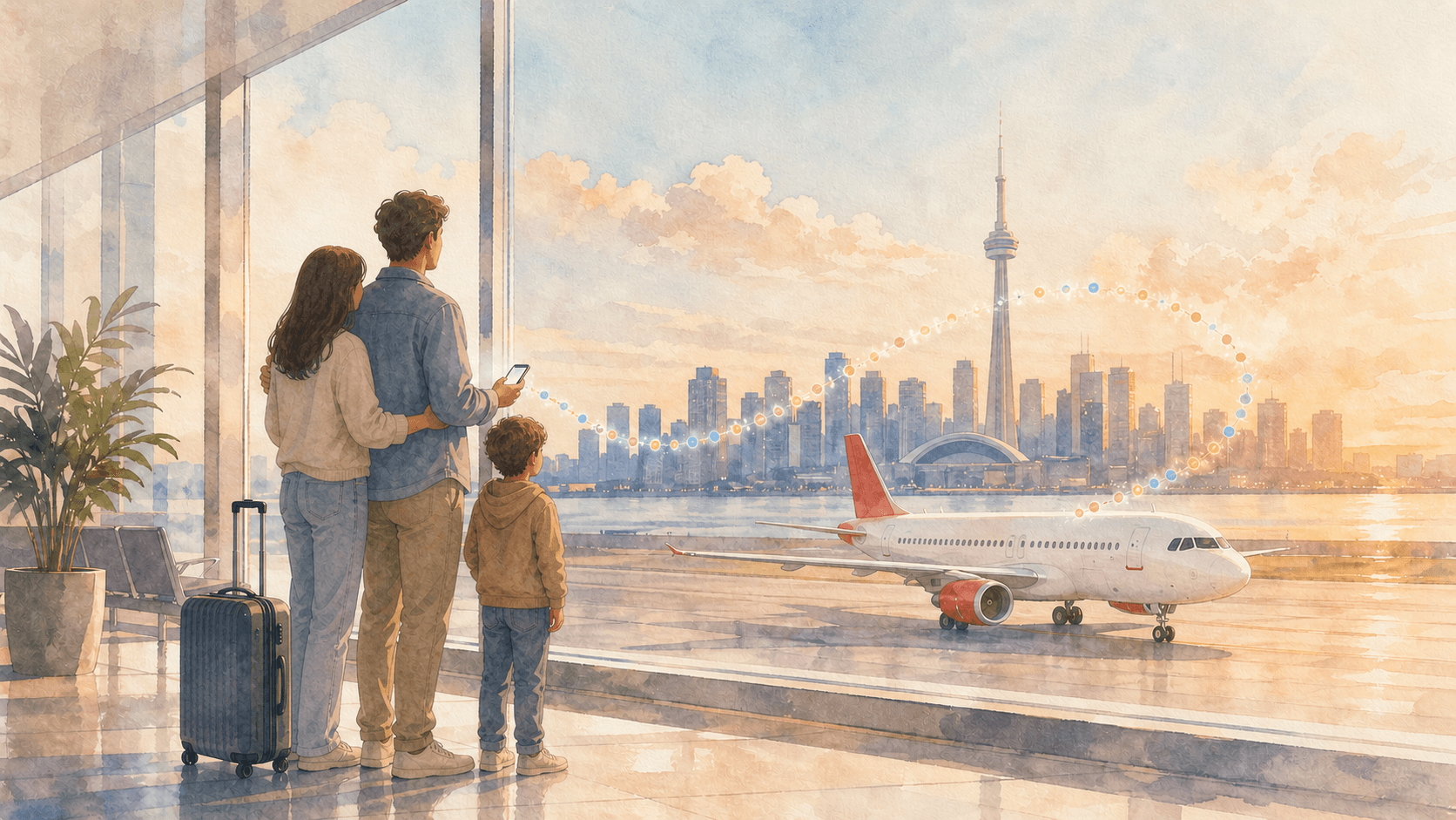 Ilustração em aquarela digital mostrando uma família, um avião e Toronto ao fundo, representando a conquista de um voo direto usando pontos.