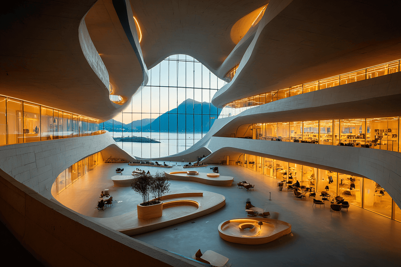 Interior view of a modern building with flowing, multi-level architectural curves overlooking a fjord and mountains through a floor-to-ceiling glass wall.
