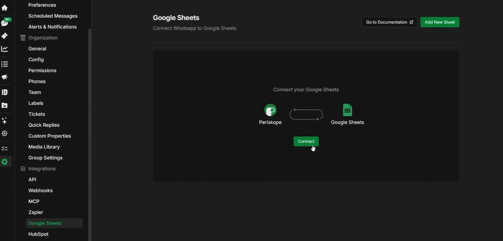 Google Sheets connect screen in Periskope