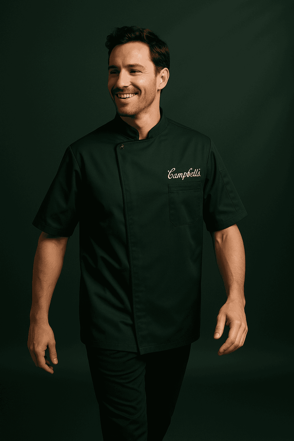 Homme en veste de chef à manches courtes vert foncé brodée du logo Campbell, souriant devant un fond de studio vert.