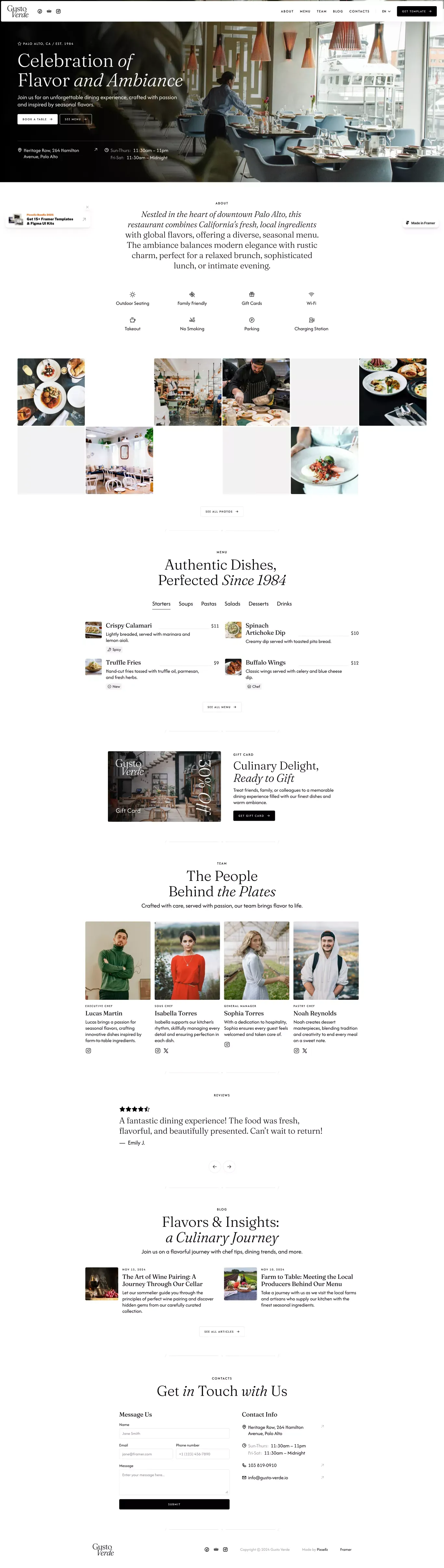 Gusto Verde - Minimalist Framer Template landing page screenshot showcasing Food & Drinks and Local Business design