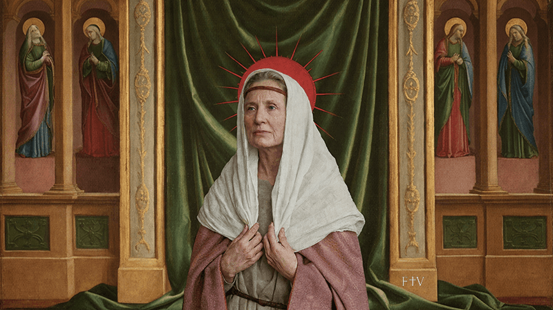Sacred artwork by Faith and Verse. © Faith and Verse, 2025. All rights reserved.  Traditional Catholic saint portrait — Saint Ludmila of Bohemia holding her veil as token of her martyrdom. 
