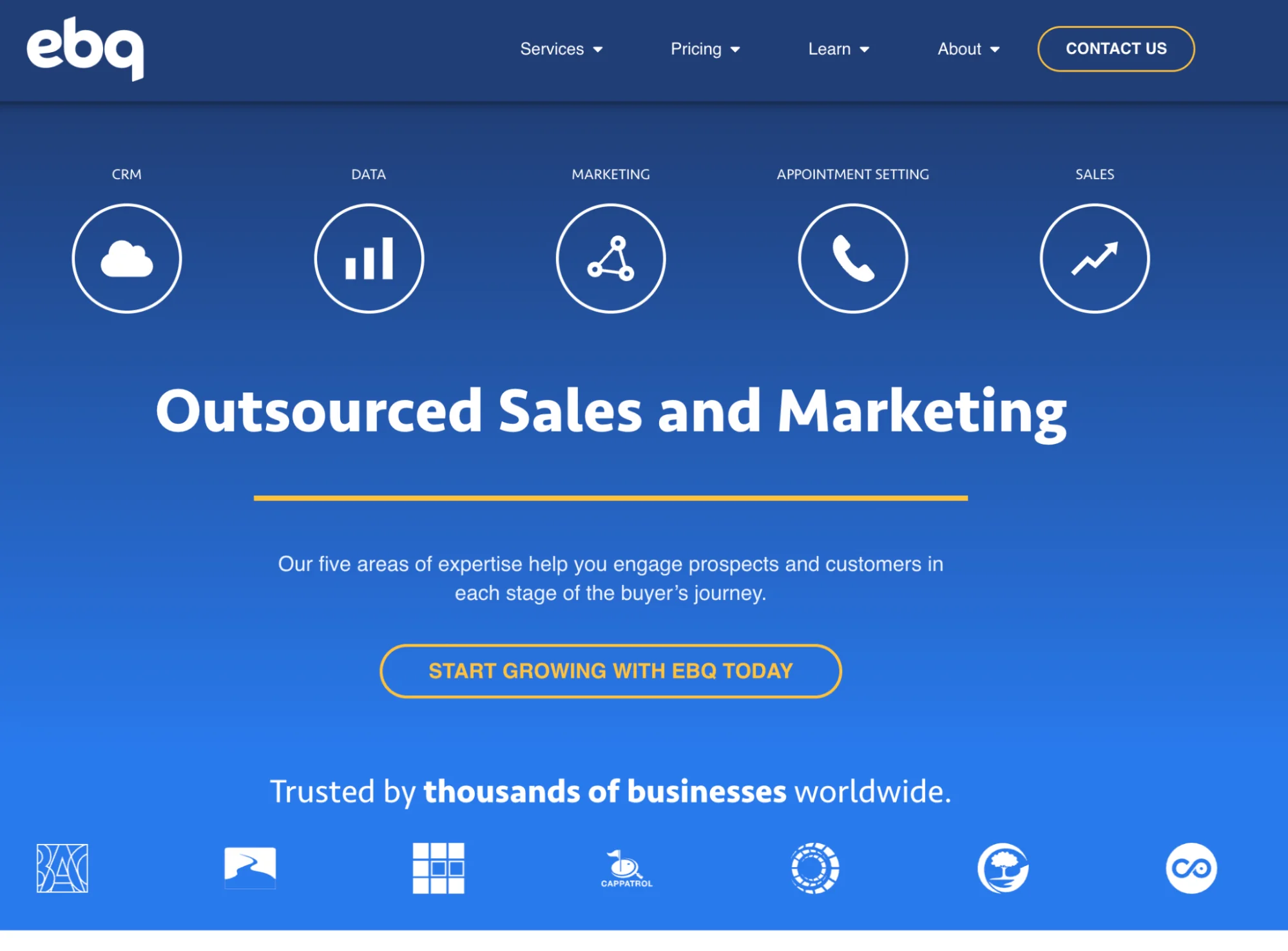 EBQ homepage: outsourced sales and marketing with appointment setting and CRM