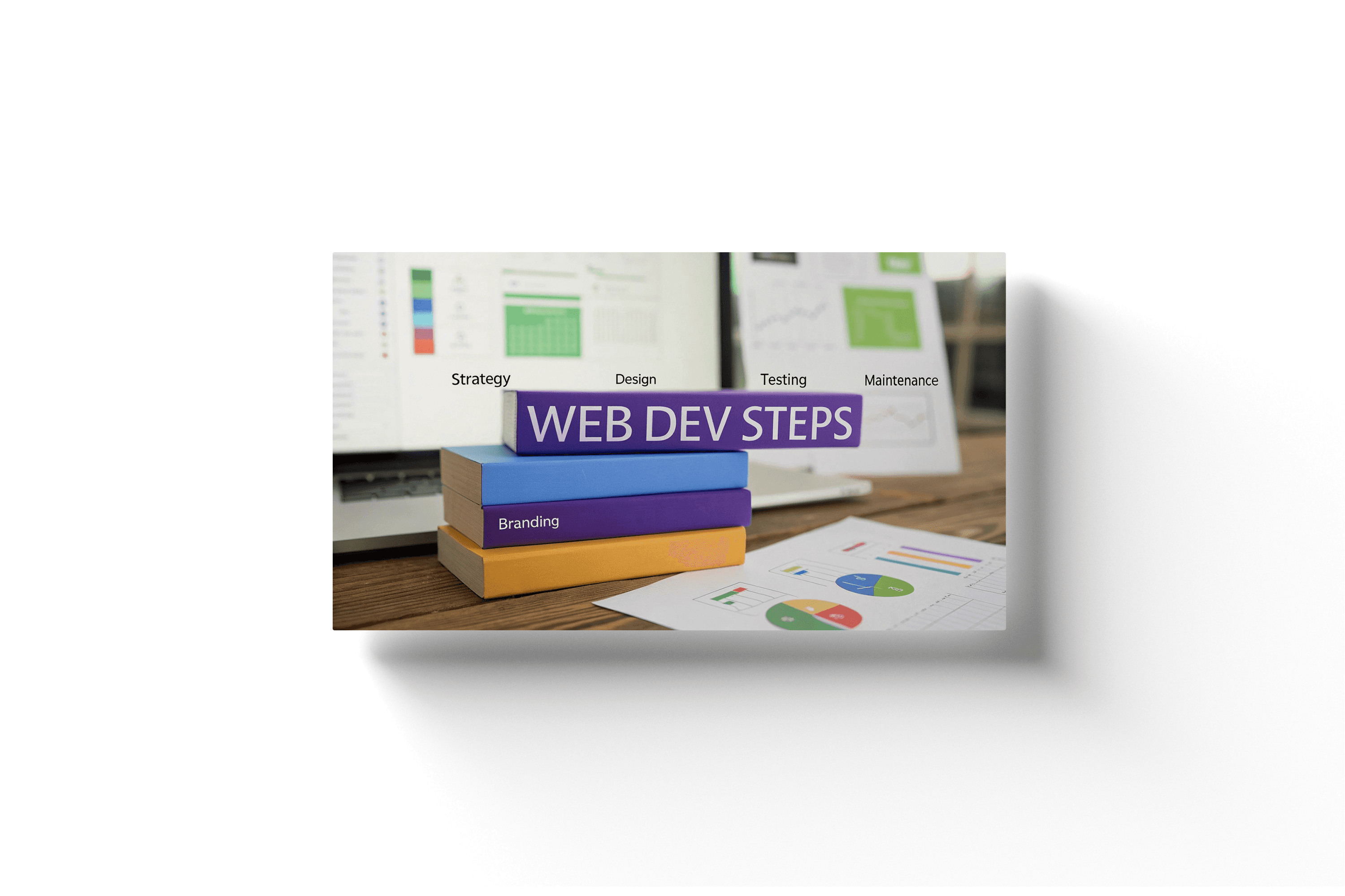 a cluttered desk with a purple text banner showing 'web dev steps'