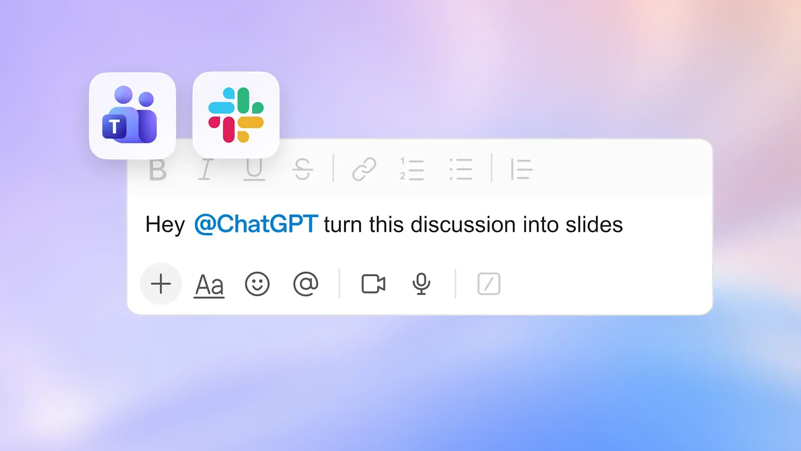 ChatGPT als @ChatGPT in Slack und Microsoft Teams, das eine Diskussion in Folien verwandelt