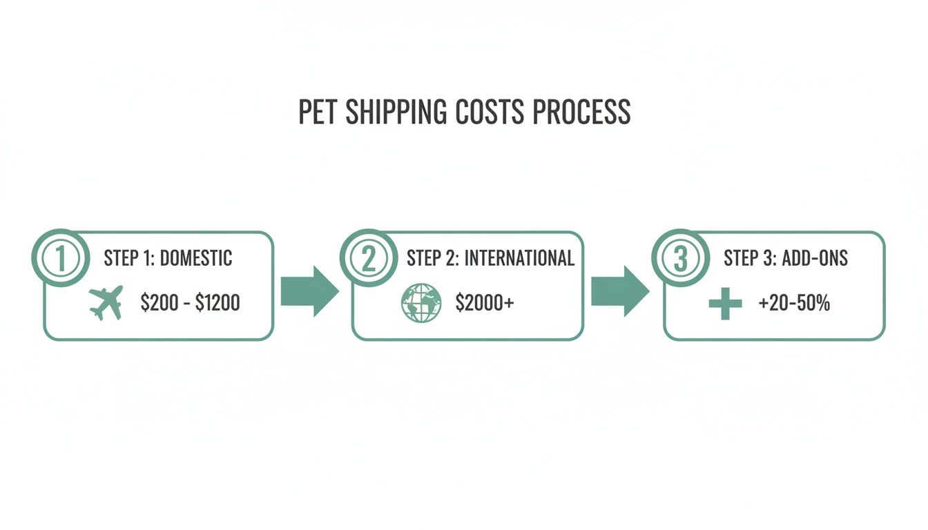 Infographic illustrating the three-step pet shipping costs process: domestic, international, and add-ons.