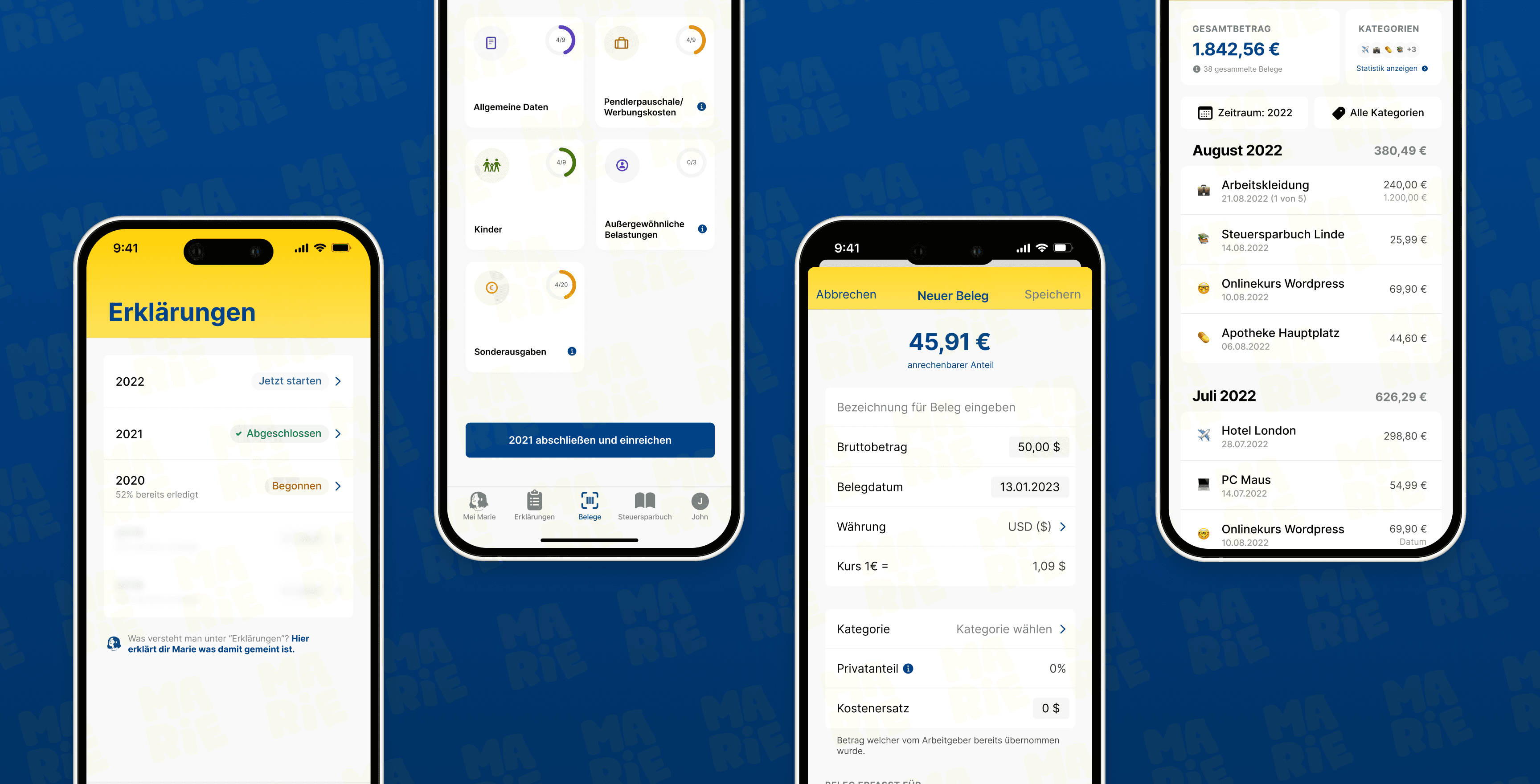 Mehrere Smartphone-Screens der Steuer-App „Mei Marie“, die Funktionen zur digitalen Steuererklärung zeigen. Links die Jahresübersicht für Steuererklärungen 2020–2022, in der Mitte die Eingabeoberfläche für Belege und Kategorien wie Werbungskosten oder Sonderausgaben, rechts die detaillierte Ausgabenliste mit Kategorien wie Arbeitskleidung, Onlinekursen und Hotelkosten. Darstellung des Prozesses zum Erfassen, Berechnen und Einreichen von Belegen in der Steuer-App.