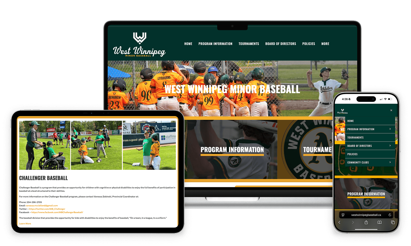 Baseball Website in Desktop, Mobile and Tablet size powered by TeamLinkt.