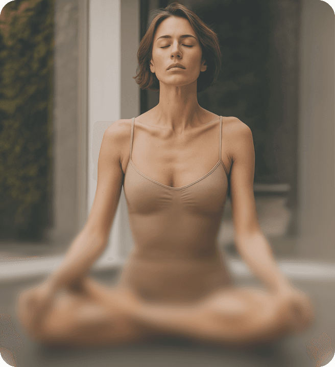 Woman in nude-colored lingerie meditates cross-legged with eyes closed, embodying peace and mindfulness.