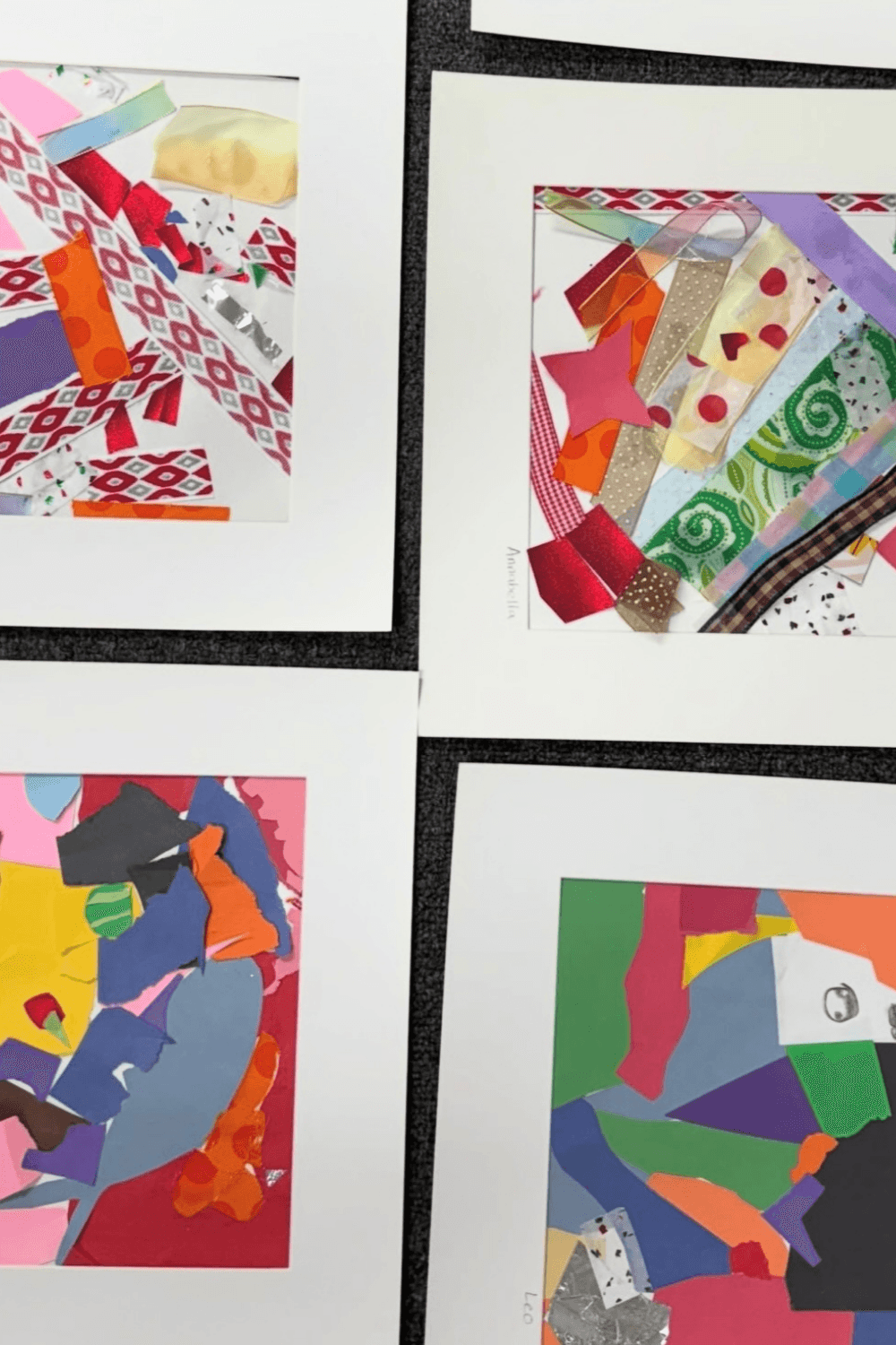 Preschool children's colorful abstract collage artworks inspired by Wassily Kandinsky, featuring layered shapes, patterns, and vibrant fabrics on white matted backgrounds, created at SportPlus Academy art class.
