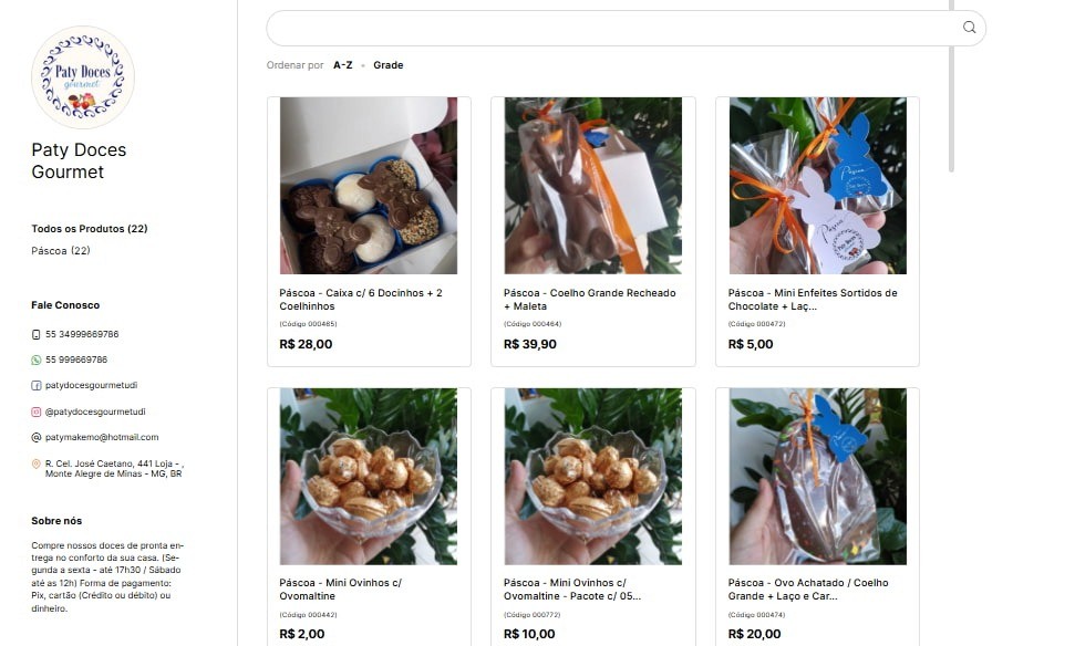 Tela de catálogo do Nex exibindo produtos de Páscoa de uma loja de doces gourmet, com guloseimas contendo nomes e preços visíveis.