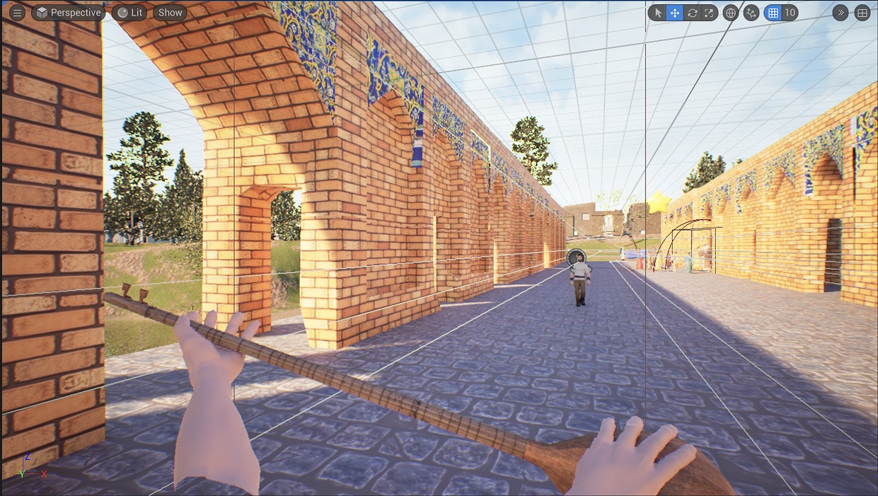 In-VR interaction showing a user holding and playing a virtual Setar instrument