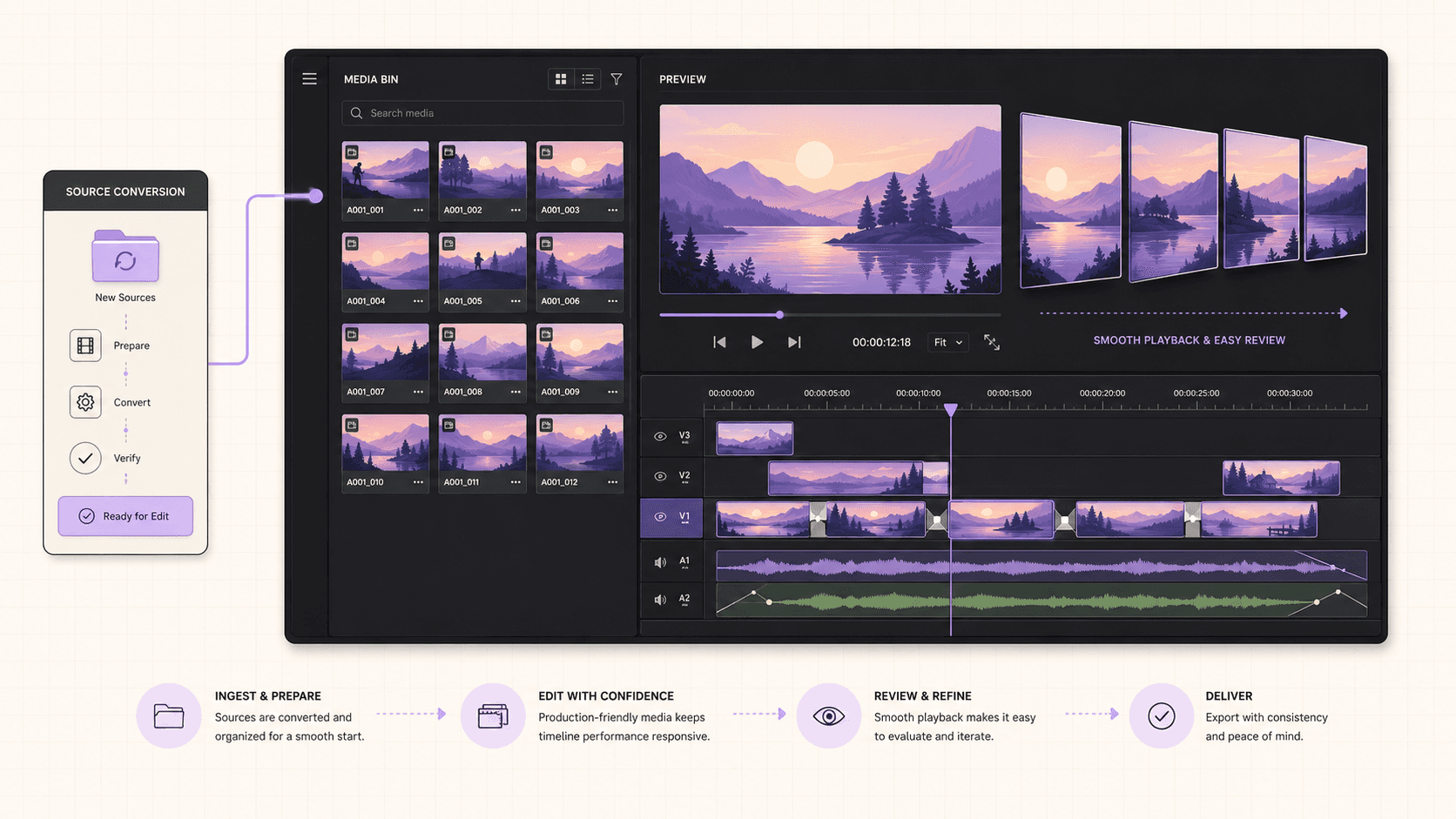 Production-friendly media workflow showing source conversion, organized clips, responsive timeline editing, smooth review, and final delivery.