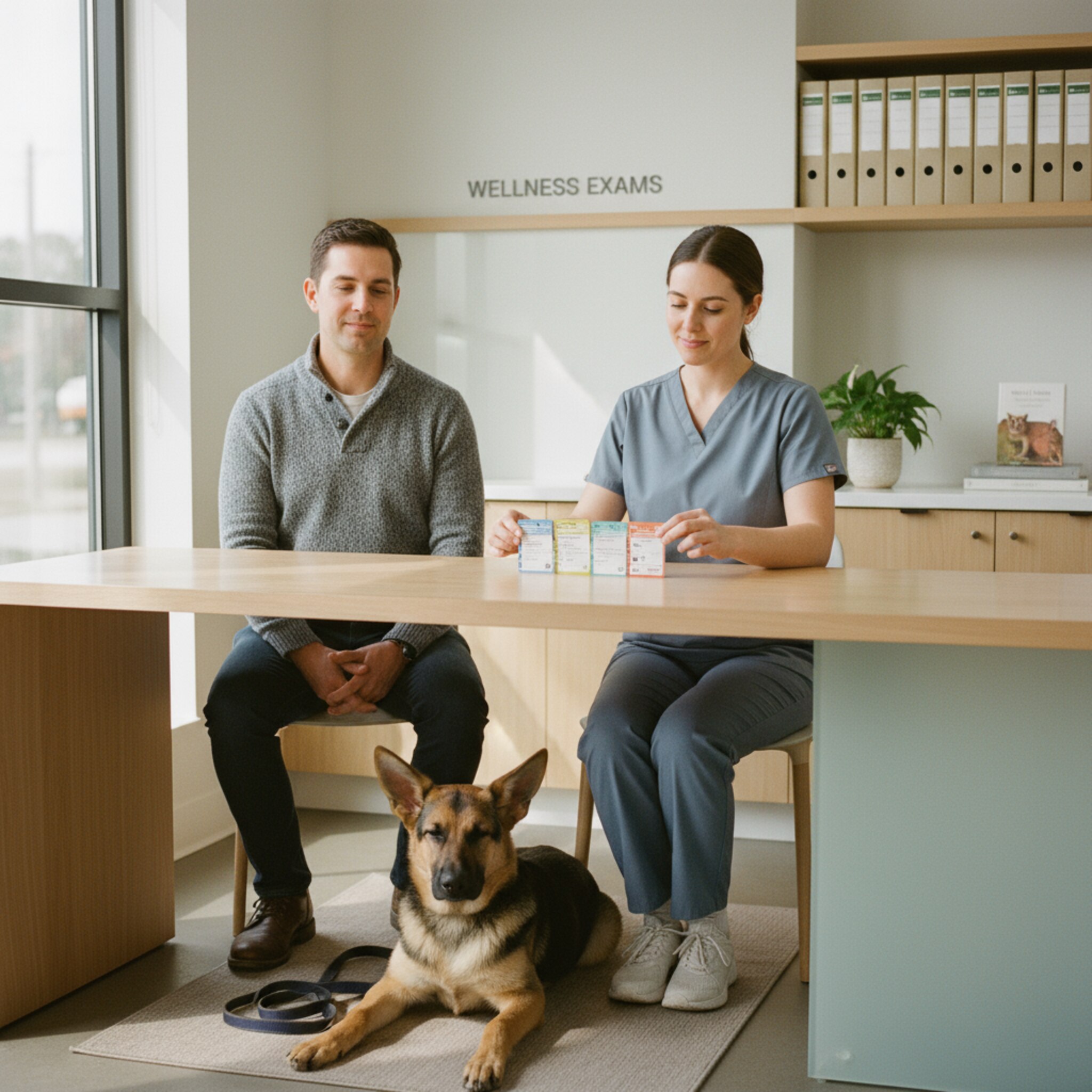 Eine Mitarbeiterin sitzt an einem ruhigen Beratungsplatz und legt mehrere farbige Impfkarten geordnet nebeneinander. Ein Halter nickt zustimmend, sein junger Schäferhund liegt entspannt zu seinen Füßen. Die Atmosphäre vermittelt Struktur, Verlässlichkeit und Wiederkehr.