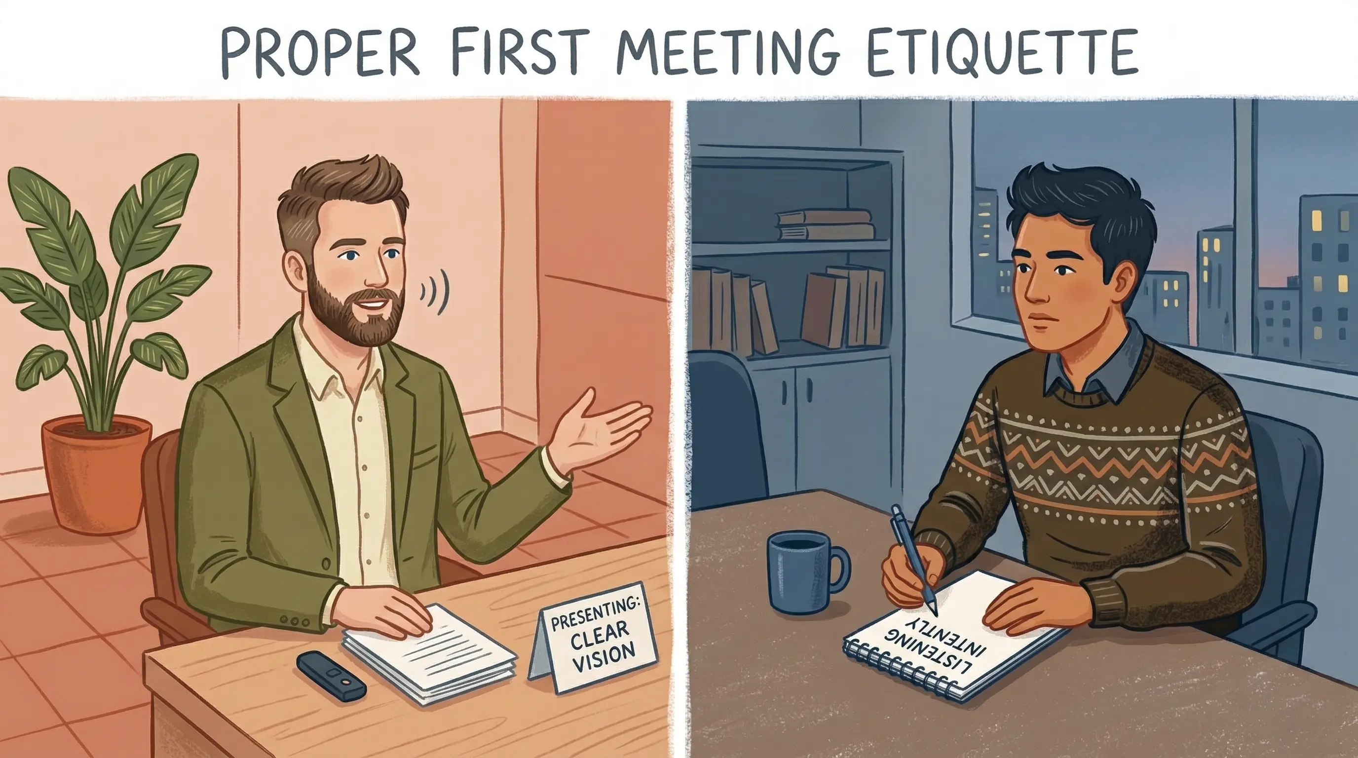 A split-screen illustration showing a calm, prepared founder on one side and a VC listening intently on the other, representing proper first meeting etiquette
