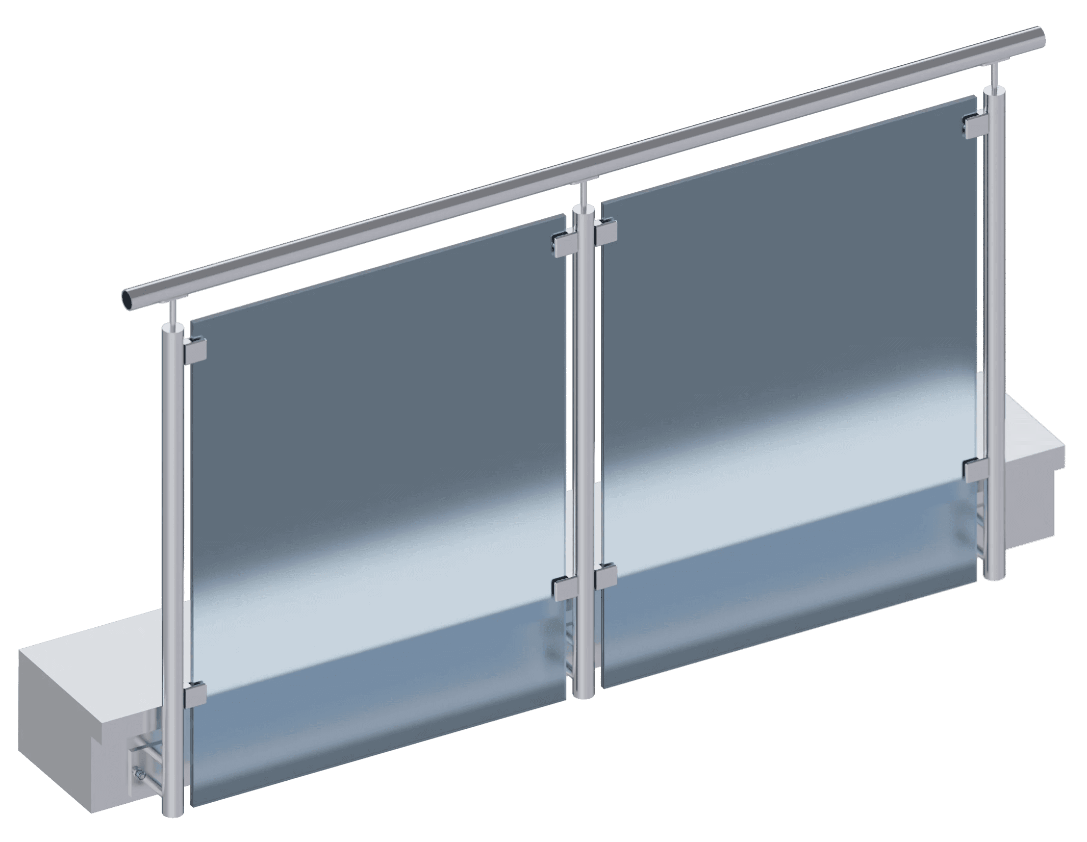 3D Darstellung eines Glasgeländers mit Edelstahlpfosten und einem runden Handlauf