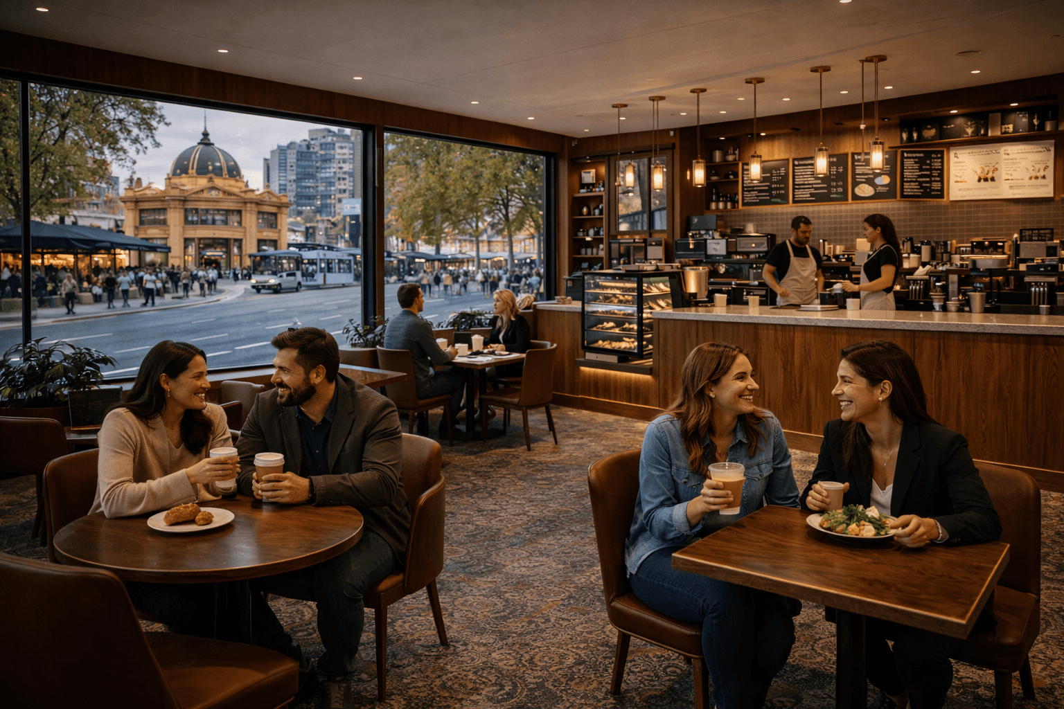 Three people seated at a café table, smiling and talking while holding coffee cups in a modern café interior.