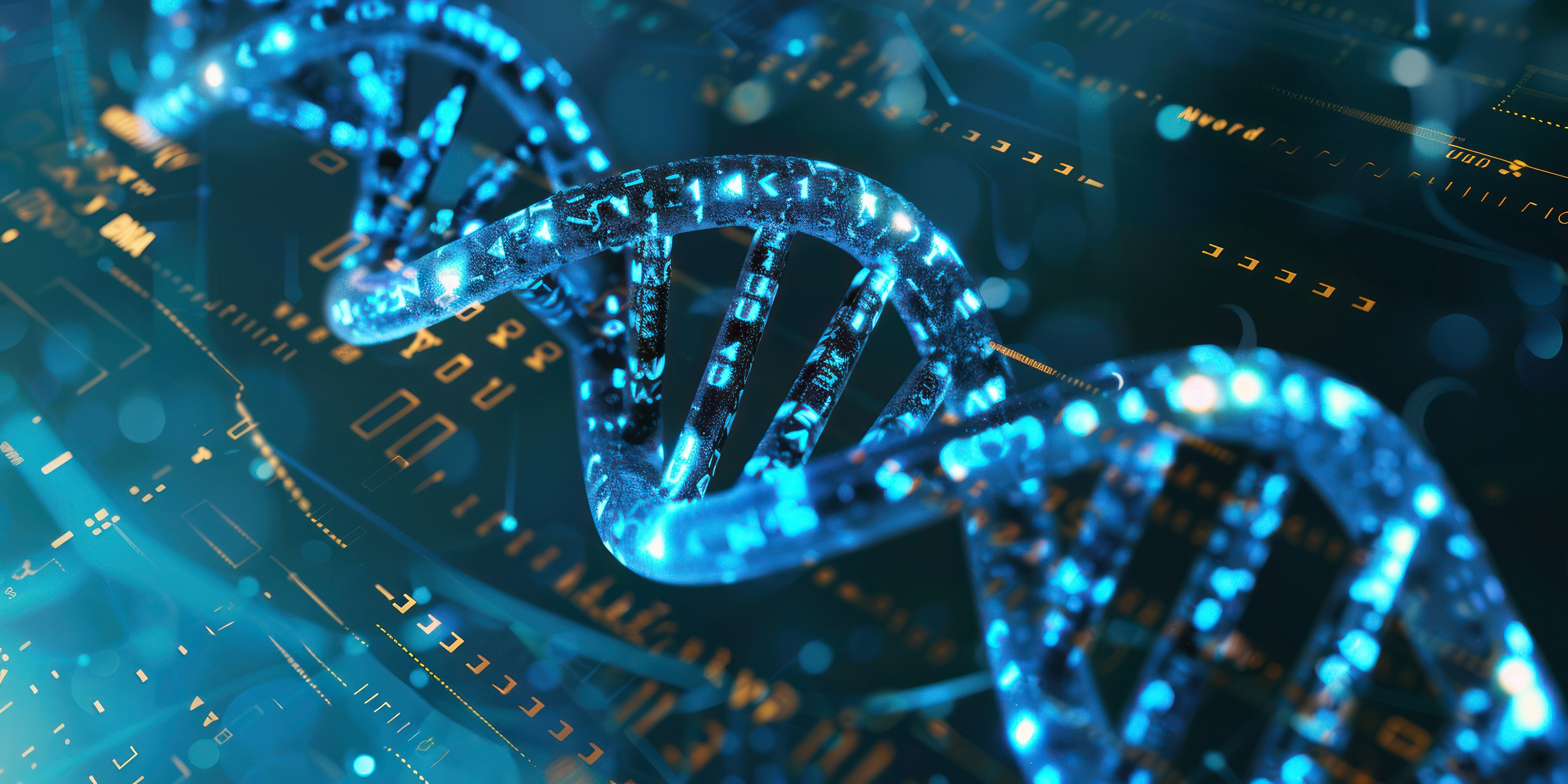 Futuristic Digital DNA Helix Illustration in Vivid Blue and Orange Hues