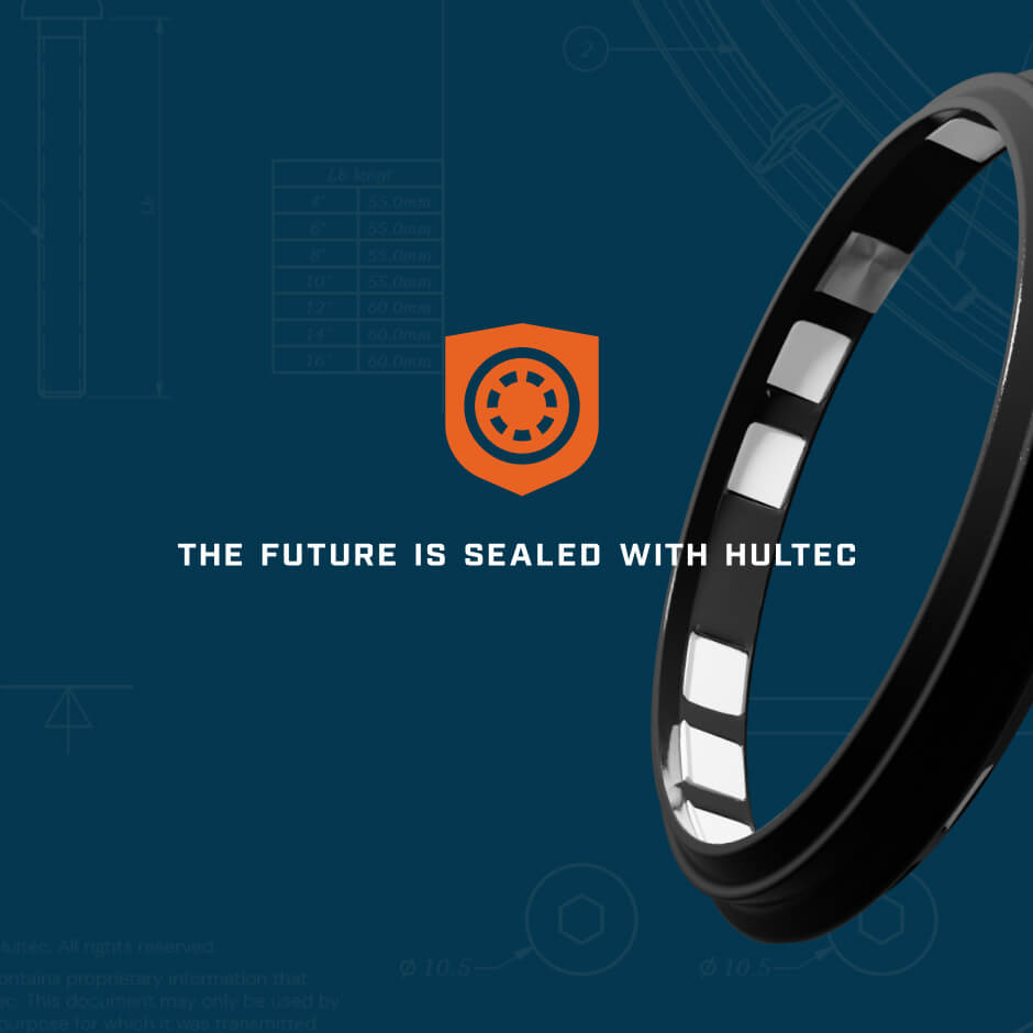 A black industrial seal ring with rectangular cutouts is shown on a blue background with technical drawings, next to the text THE FUTURE IS SEALED WITH HULTEC.