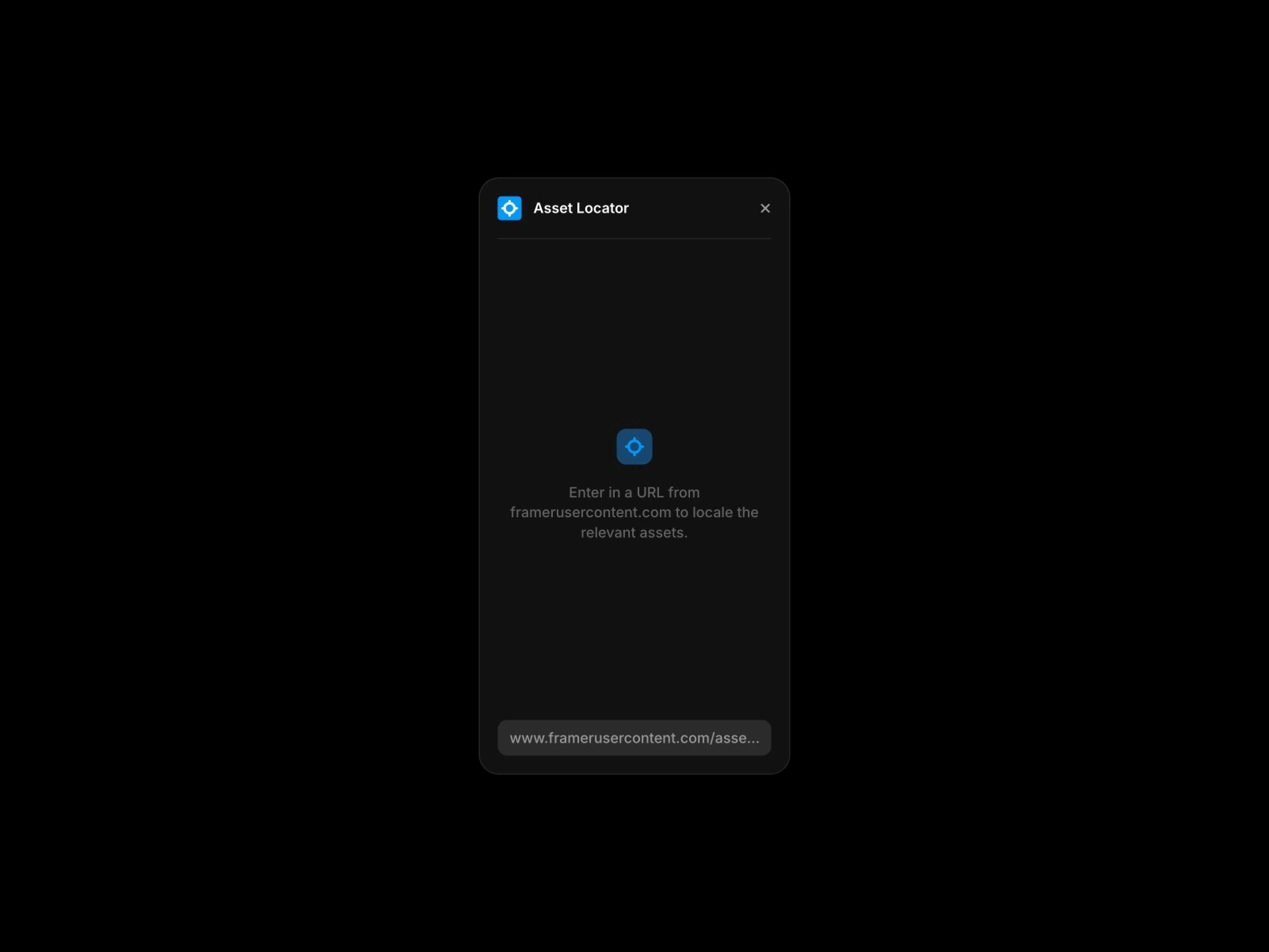 Displays the plugin's features with the Asset Locator window on a black background.