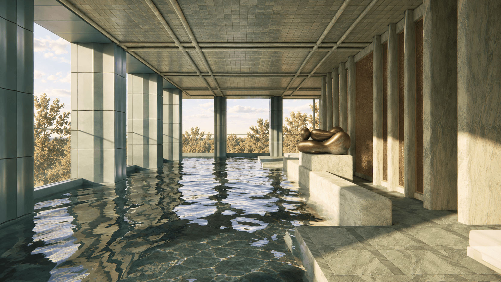 A sculptural object displayed within the residence's shared amenity space.