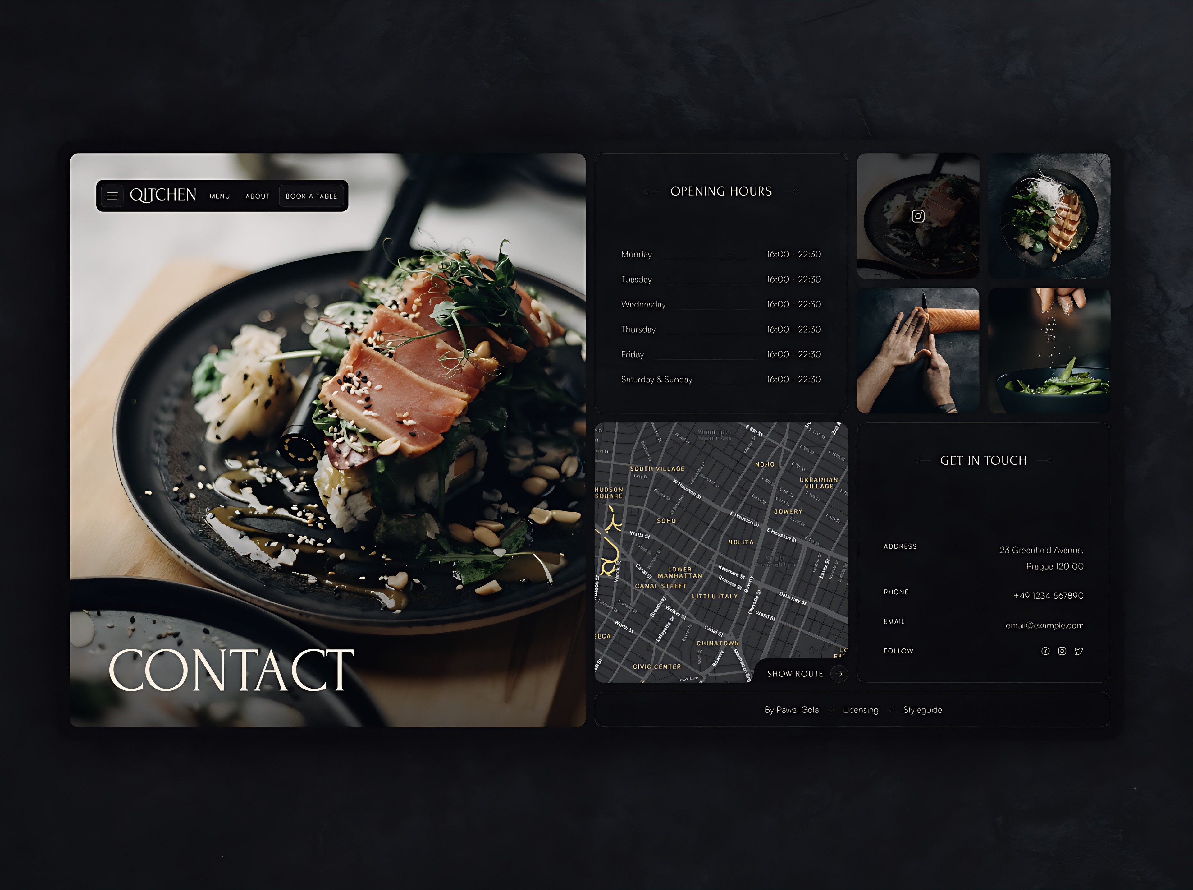 Sezione principale con menu e fotografie dei piatti, alternanza di texture e spazi vuoti