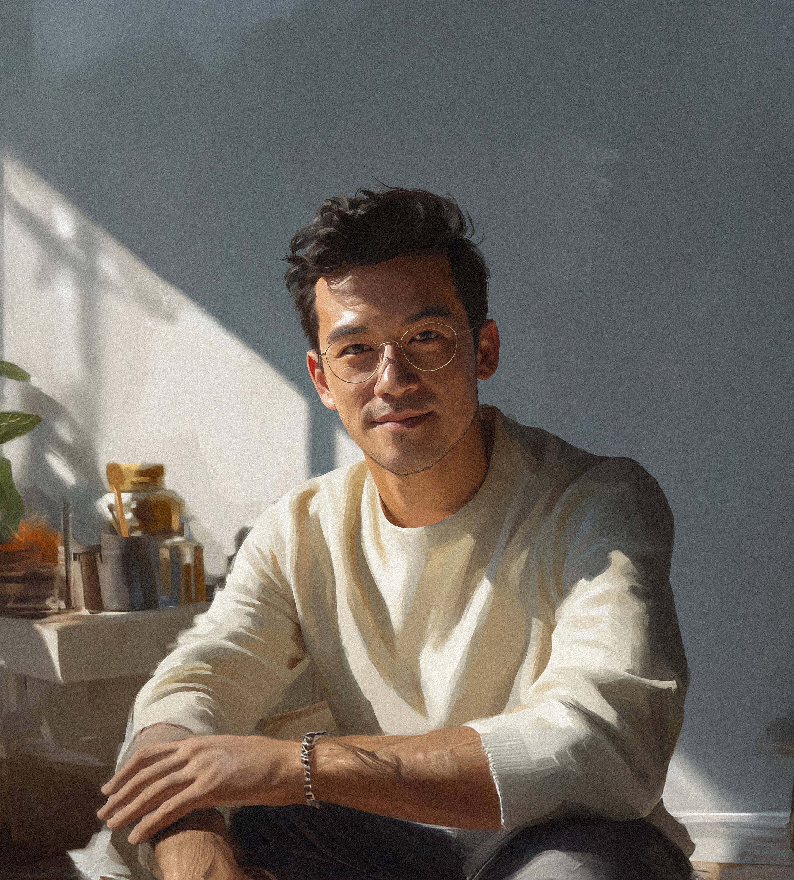 A product designer sitting in his office, dressed casually. Candidate for a job, looking confidently in the camera.