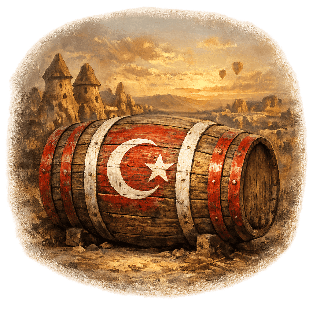 Wine barrel featuring the Turkey national emblem for regional wine education.