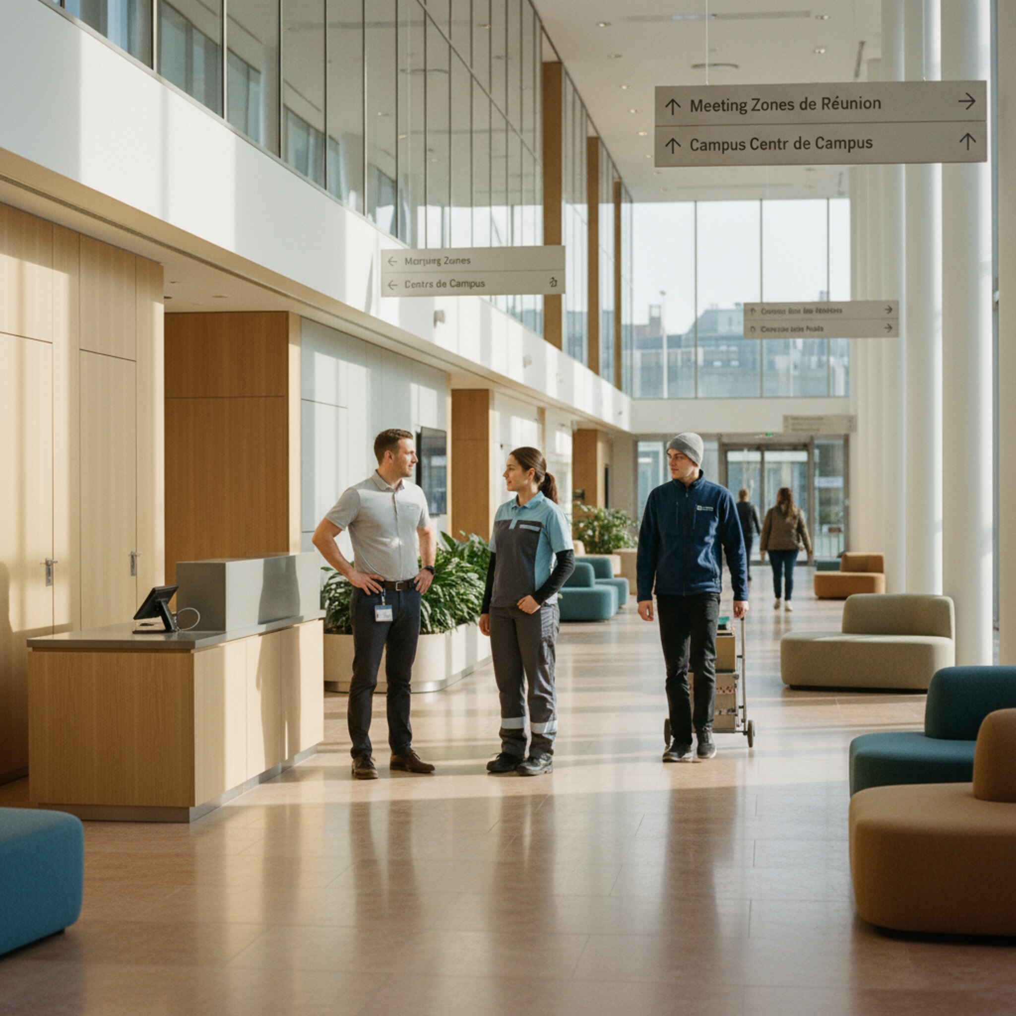 Morgenlicht fällt durch eine hohe Glasfassade in die Empfangshalle eines Campus. Ein Facility-Manager spricht kurz mit einer Reinigungskraft, während ein Lieferant einen Wagen vorbeischiebt. Dezente Wegweiser zeigen zu Meetingbereichen und Zonen. Die Szene wirkt ruhig, organisiert und einladend.