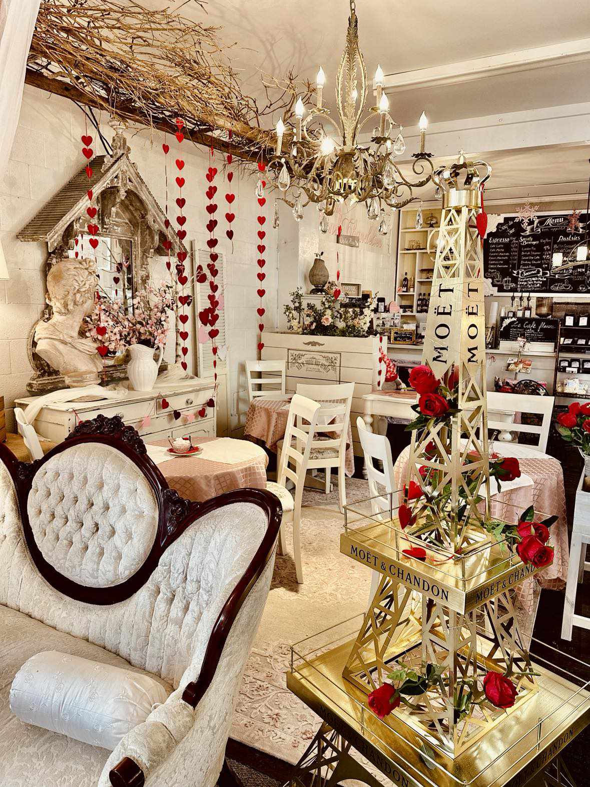 Beautiful Valentine's Tea Room decorations at the Pink Chandelier