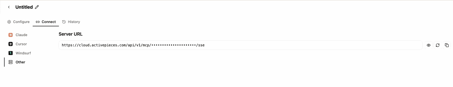 Screenshot of the MCP interface showing the selected MCP server’s details panel. The “Server URL” field is displayed and will be used for configuration. A copy icon appears beside the URL, indicating that users can copy it to set up the MCP connection.