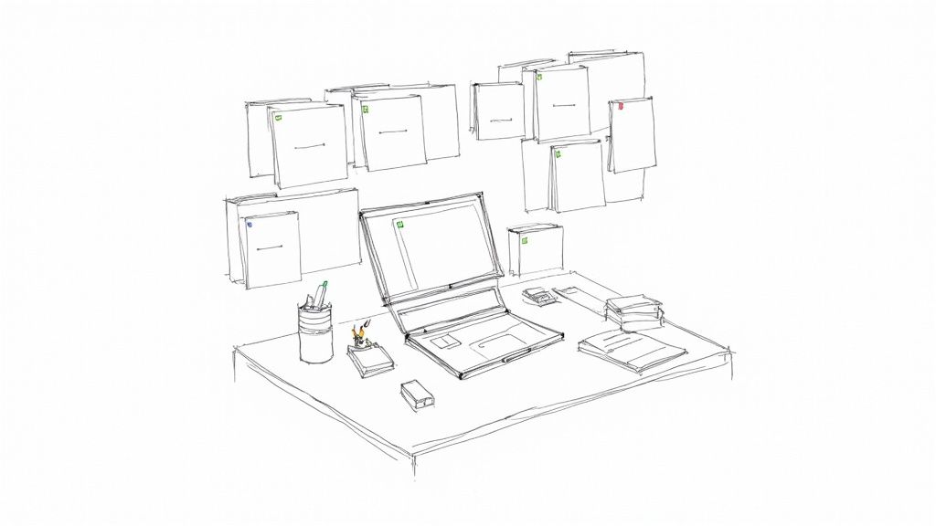 A detailed sketch of an organized desk with a laptop and numerous managed documents on a wall.