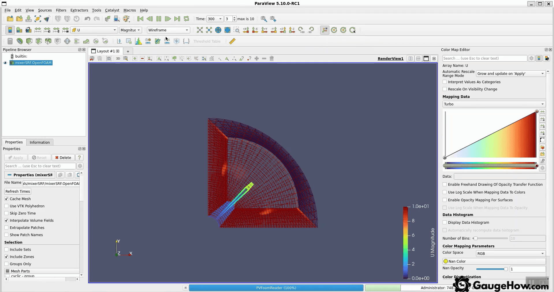 ParaView OpenFOAM velocity magnitude wireframe view