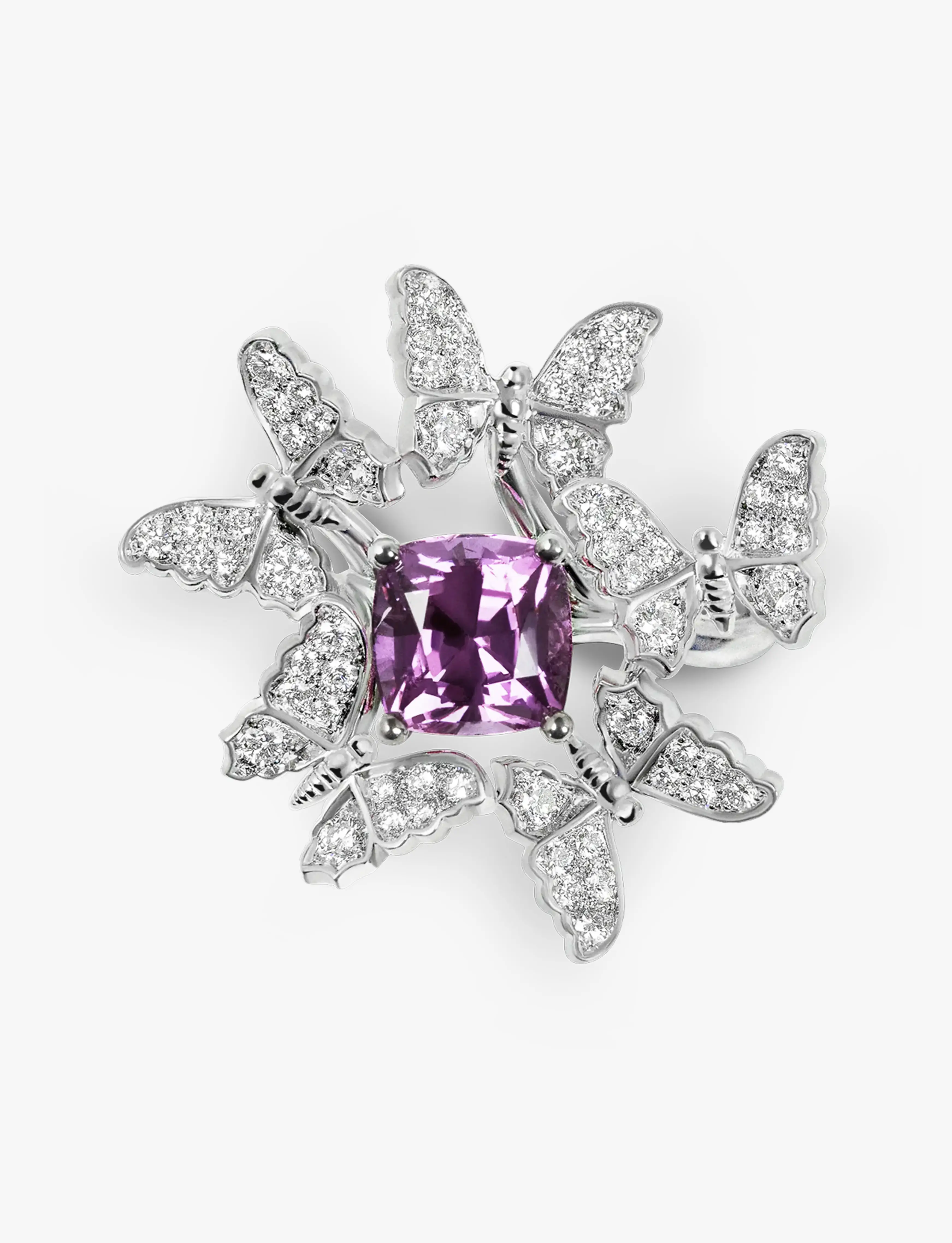Bague Swarm of Butterflies Maison Édéenne vue de profil, sertie de diamants et d’un saphir rose