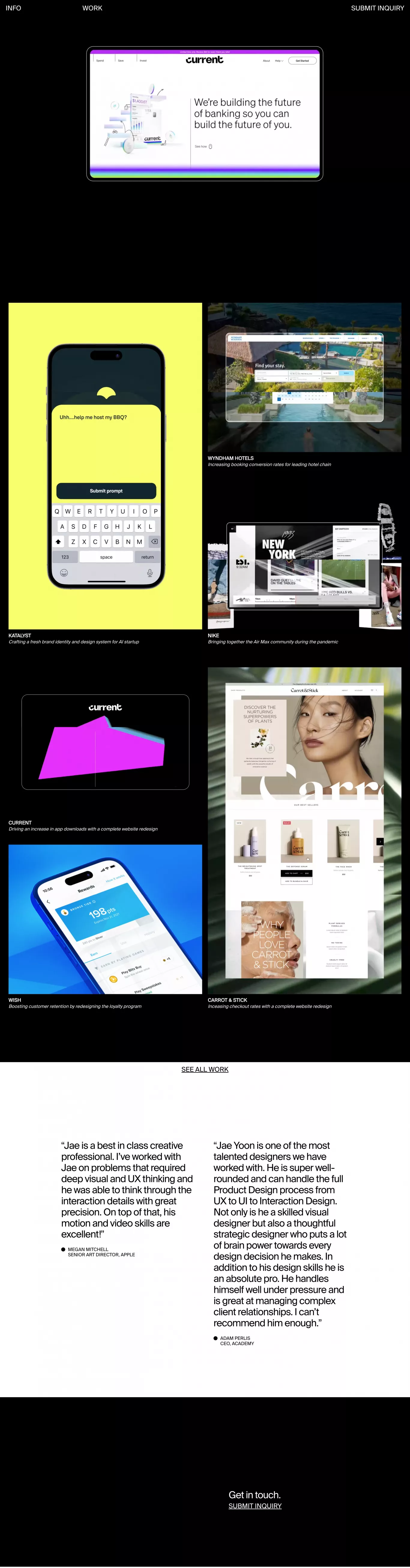 Jae Yoon Studio portfolio page screenshot showcasing Design and Tech design