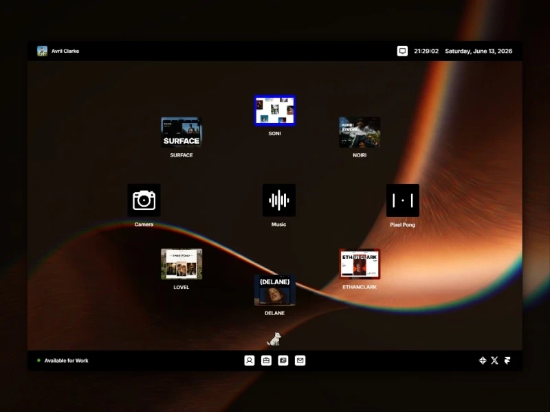 Deskfolio desktop layout showcasing interactive app icons scattered across an OS-inspired portfolio interface