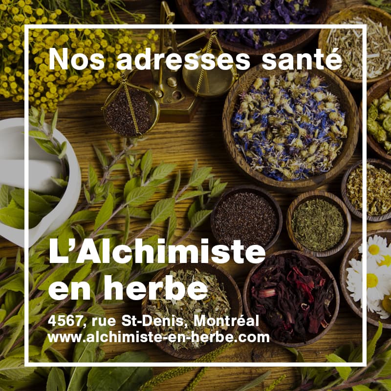 Tabletop filled with dried herbs and apothecary tools, with overlaid text: 'Nos adresses santé – L’Alchimiste en herbe, 4567, rue St-Denis, Montréal – www.alchimiste-en-herbe.com'.