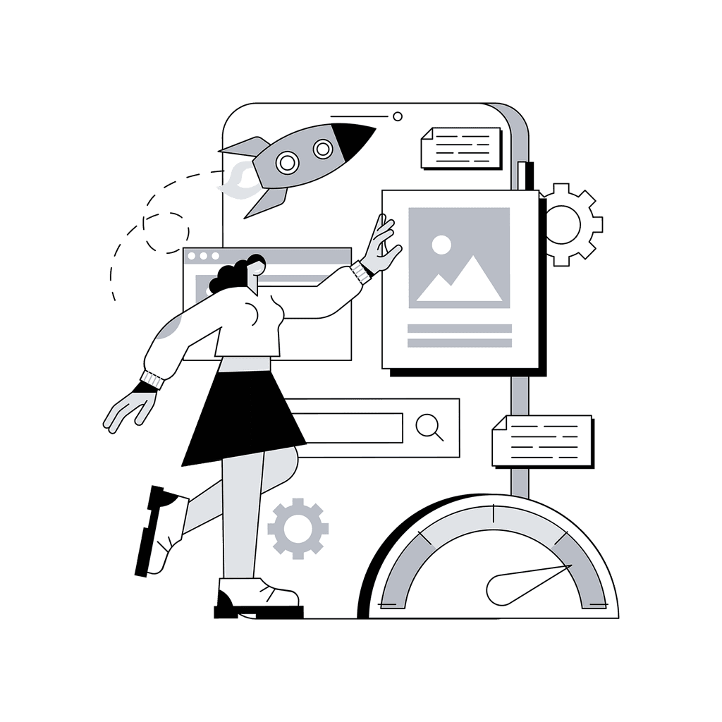 This image is an illustration depicting the concept of digital content management and website optimization. It features a woman interacting with various elements on a large mobile device screen. The screen includes a picture placeholder, a rocket icon symbolizing launching or progress, a magnifying glass for search functionality, and multiple text boxes. Additional elements include gears indicating settings and optimization, and a speedometer gauge at the bottom right representing performance or speed enhancement. The overall monochromatic color scheme with shades of grey and white emphasizes the technical and creative aspects of digital content management and website optimization.