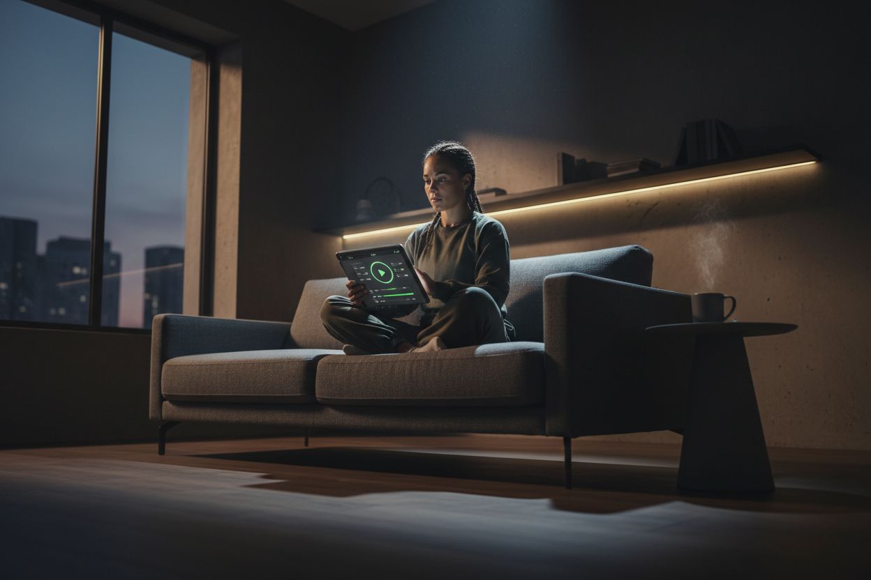 Persona revisando un plan de entrenamiento en una tableta en casa